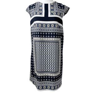 MNG Mango Navy Blue & White Short Cap Sleeve Printed Sheath Dress XS